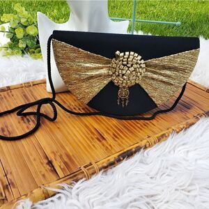 Vintage Black & Gold Draped Detail  Satin Feel Purse